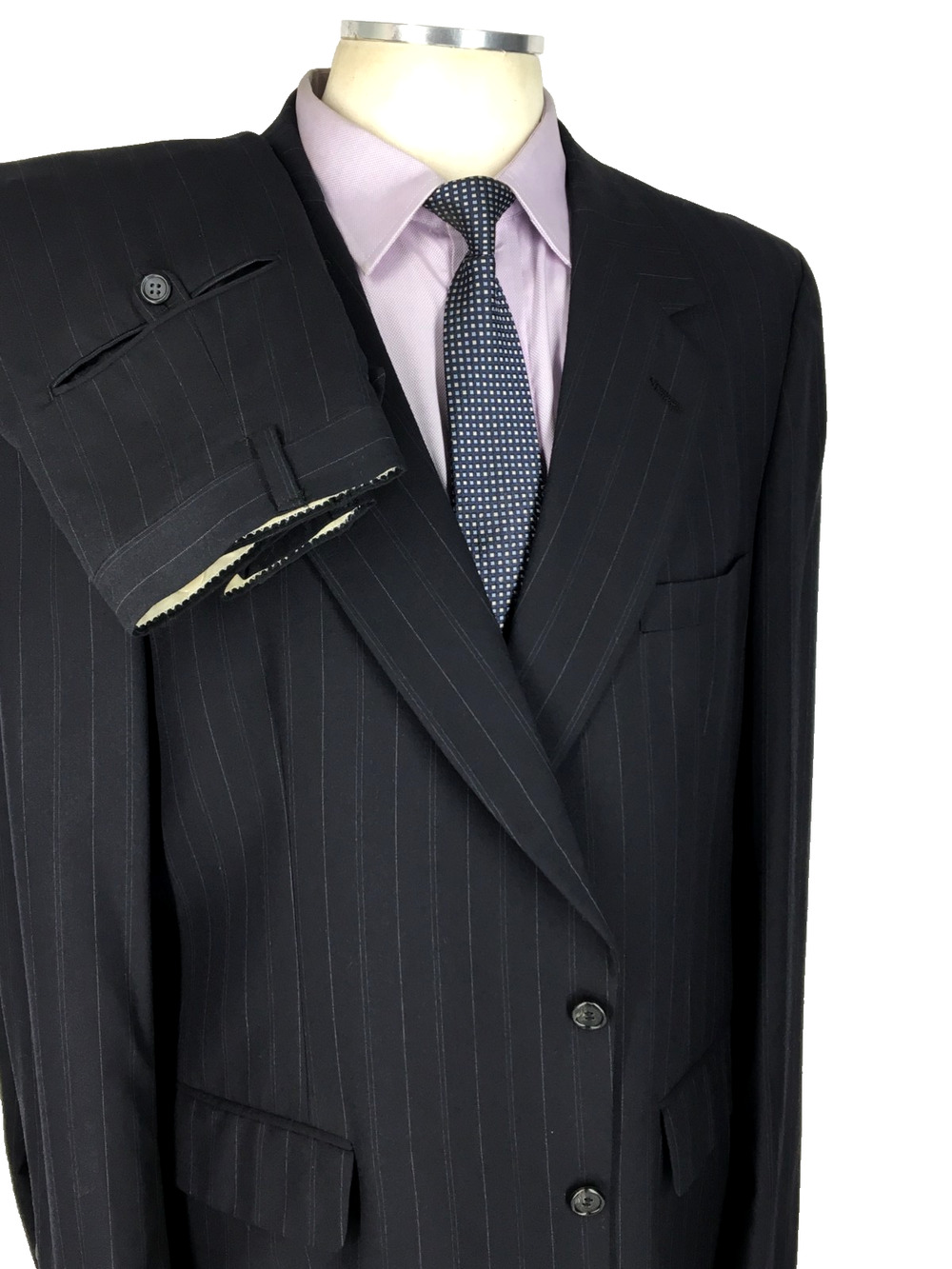 46L Bill Blass USA Mens Vintage 2 Bttn Wool Suit Black Dotted Pinstripe Pants 40
